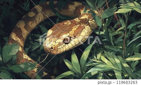 緑の植物の間に潜むリアルな蛇のイラスト 119683263