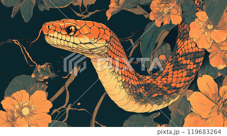 花々の間にいるオレンジ色の蛇のイラスト 119683264