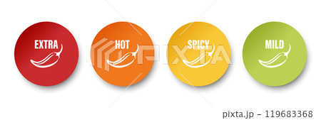 Realistic Vector Round Stickers with Spicy Chili Pepper Icon, Food Spicy Level. Red, Orange, Yellow, Green Jalapeno Pepper Strength Scale Sticker Indicators with Mild, Spicy, Hot and Extra Positions 119683368