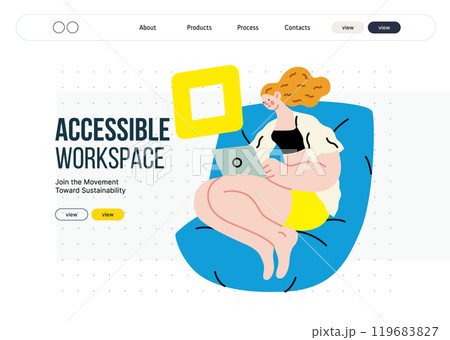 Creative workspace, modern flat vector concept illustration of a woman working sitting with a computer Remote work, flexibility, independence, efficiency, mobility, synergy, freedom Creative workspace, modern flat vector concept illustration of a woman working sitting with a computer Remote work, flexibility, independence, efficiency, mobility, synergy, freedom 119683827