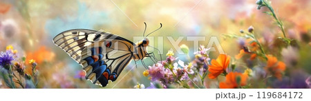 A butterfly is flying over a field of flowers 119684172
