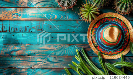 Vibrant Sombrero and Succulents Stand Out on Rustic Turquoise Wood 119684449