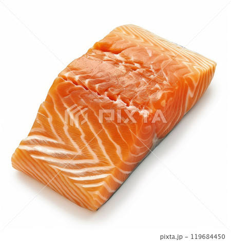 Exotic Salmon Steak Showcased on Clean White Surface 119684450