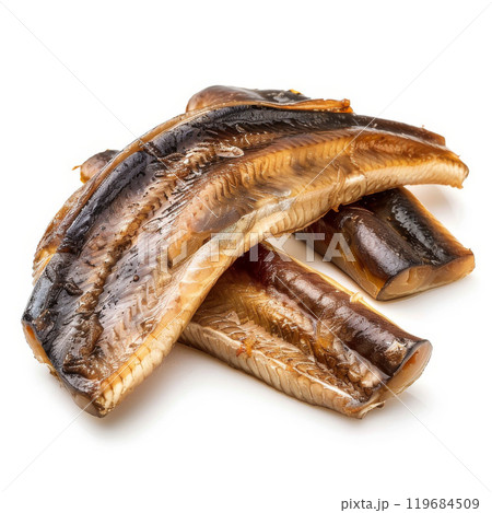 Glazed Smoked Eel Fillets on White Background 119684509