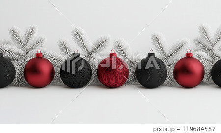 A row of Christmas ornaments with a red one in the middle A row of Christmas ornaments with a red one in the middle 119684587