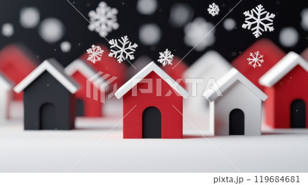 A row of houses with snow on the roof and a red house in the middle. 119684681