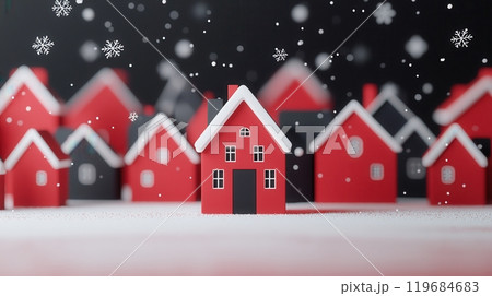 A red house is the center of a snowy landscape with many other houses surrounding it. 119684683