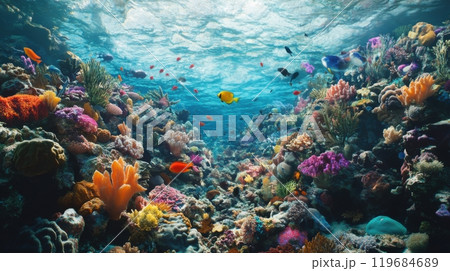 A colorful coral reef with many fish swimming around 119684689