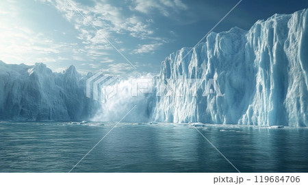 A large ice wall is in the background of a blue ocean 119684706