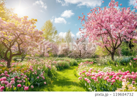 A beautiful garden with a tree in the middle and a lot of flowers 119684732