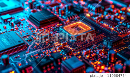 Glowing Circuit Board with Red and Blue Lights 119684754