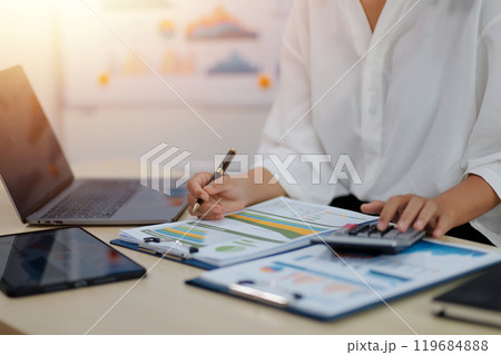 Business Documents, Auditor businesswoman checking searching document legal prepare paperwork or report for analysis TAX time,accountant Documents data contract partner deal in workplace office 119684888