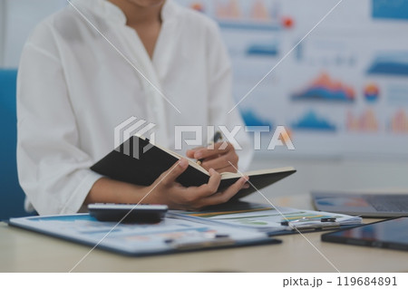 Business Documents, Auditor businesswoman checking searching document legal prepare paperwork or report for analysis TAX time,accountant Documents data contract partner deal in workplace office 119684891