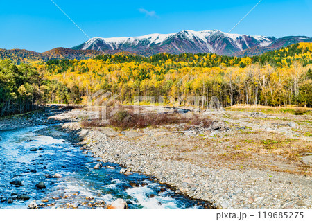 北海道　黄葉の石狩川と冠雪の大雪山 119685275