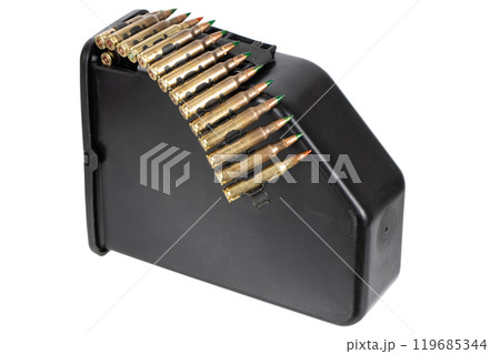 5.56 mm ammunition belt with cartridges in ammunition box 119685344
