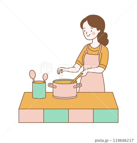 Cute Girl Cartoon Character is Cooking with Pan in Kitchen 119686217