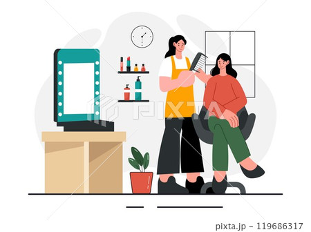 Beauty and Makeup School Vector Illustration featuring Various Cosmetic Products and Beautiful Girls Learning to Apply Make up in a Background Beauty and Makeup School Vector Illustration featuring Various Cosmetic Products and Beautiful Girls Learning to Apply Make up in a Background 119686317