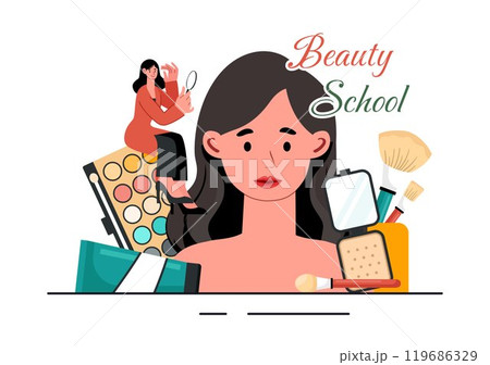 Beauty and Makeup School Vector Illustration featuring Various Cosmetic Products and Beautiful Girls Learning to Apply Make up in a Background 119686329