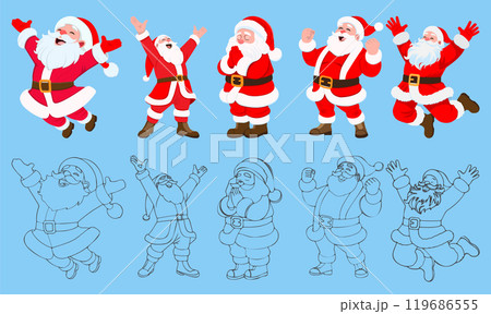 A group of Santa Clauses expresses joy by jumping, raising their hands, and praying. Flat illustration and line art. Vector illustration eps10 119686555