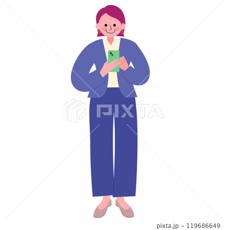 パンツスーツを着てパンプスを履いた女性がスマホを操作している全身のイラスト 119686649