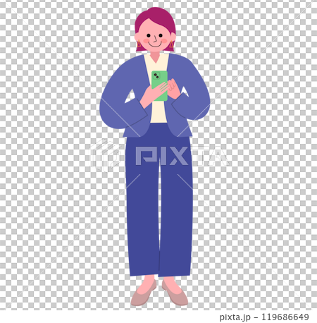 パンツスーツを着てパンプスを履いた女性がスマホを操作している全身のイラスト 119686649