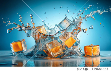 Cubes of orange ice in splashes of clear water on a blue background 119686863