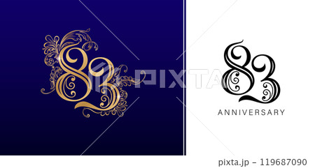 83rd years anniversary celebration logotype with golden colors and floral elements for greeting cards, birthday invitations, Wedding anniversary, banner and celebration company or business corporates 119687090