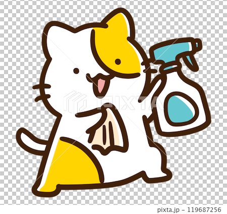 A deformed illustration of a cute cat character cleaning with a spray and cloth 119687256