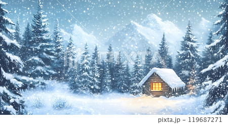 Cozy cabin in a snowy forest with glowing windows and majestic mountains in the background. Winter wonderland concept Cozy cabin in a snowy forest with glowing windows and majestic mountains in the background. Winter wonderland concept 119687271
