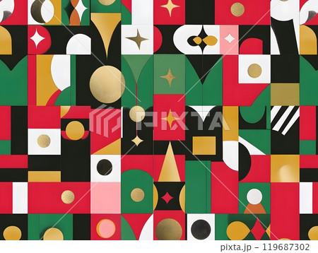 Vibrant festive geometric pattern featuring red, green, gold, and black shapes with stars and circular elements inspired by the holiday season. Holiday decoration concept 119687302