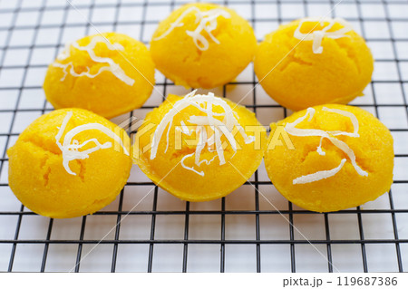 Toddy palm cake. Khanom Tarn (Thai dessert) 119687386