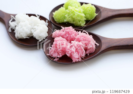 Sweet coconut balls, crispy coconut candies (Maprao Gaew). Thai traditional dessert Sweet coconut balls, crispy coconut candies (Maprao Gaew). Thai traditional dessert 119687429