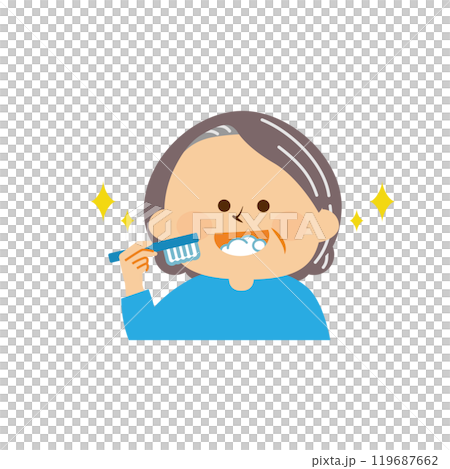 Brushing teeth, bad breath care, elderly woman, cute illustration 119687662