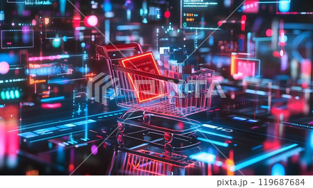 Cart overflowing with exciting deals highlighted by glowing tags and countdown timers in a colorful shopping space. Retail concept 119687684