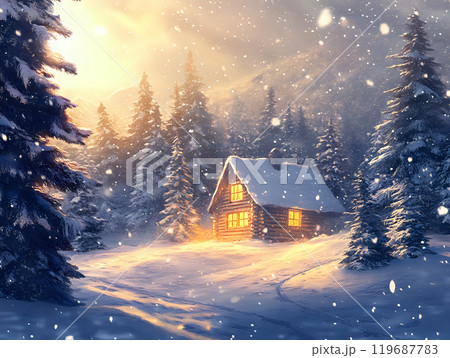 Inviting cabin surrounded by gently falling snowflakes evoking warmth and serenity in the winter woods. Cozy concept 119687783