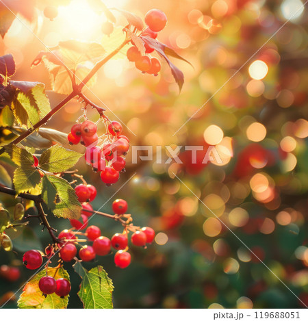 Red Berries on Branch in Sunset Light 119688051