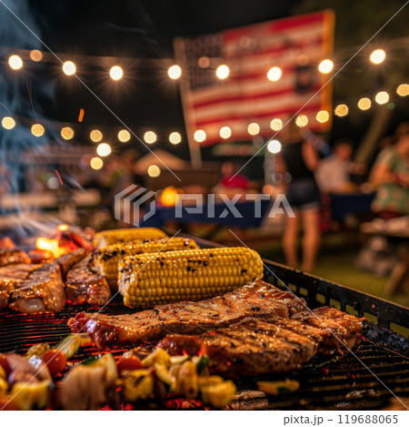 Grilled Steak, Corn on the Cob, and Vegetables on a Barbecue Grill 119688065