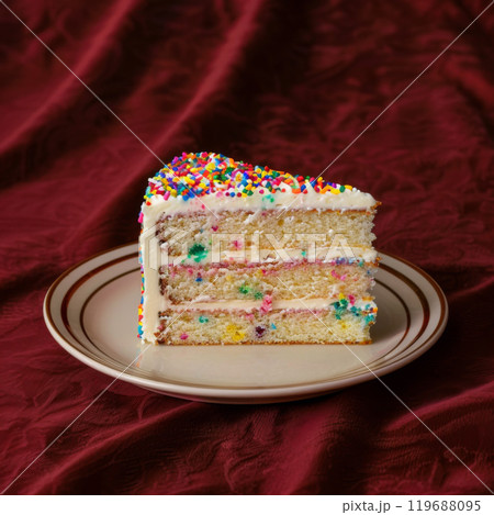 A Slice of Three-Layered Vanilla Cake with Sprinkles and White Frosting 119688095
