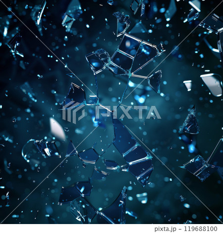 Shattered Glass Fragments Falling Against a Dark Blue Background 119688100