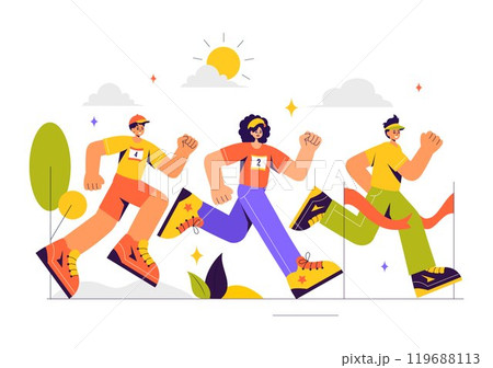 Marathon Race Vector Illustration featuring People Running and Jogging in a Sport Tournament, Racing Toward the Finish Line in a Flat Style Background Marathon Race Vector Illustration featuring People Running and Jogging in a Sport Tournament, Racing Toward the Finish Line in a Flat Style Background 119688113