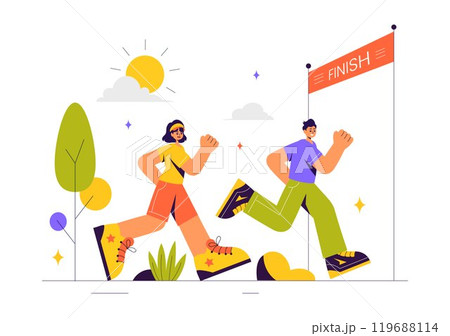 Marathon Race Vector Illustration featuring People Running and Jogging in a Sport Tournament, Racing Toward the Finish Line in a Flat Style Background 119688114