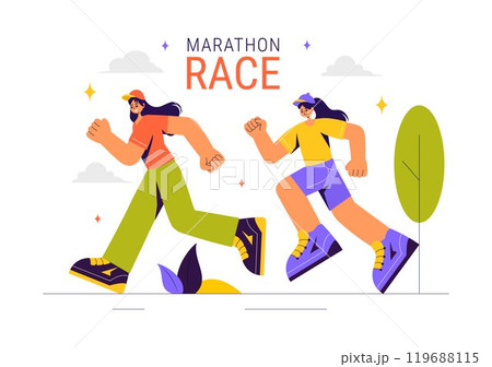 Marathon Race Vector Illustration featuring People Running and Jogging in a Sport Tournament, Racing Toward the Finish Line in a Flat Style Background Marathon Race Vector Illustration featuring People Running and Jogging in a Sport Tournament, Racing Toward the Finish Line in a Flat Style Background 119688115