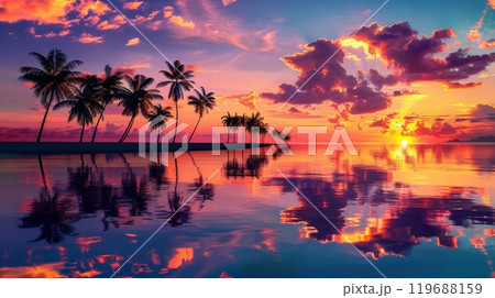 Vibrant reflections adorn tropical sunset paradise setting Vibrant reflections adorn tropical sunset paradise setting 119688159