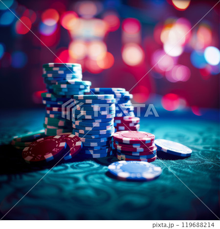 Stacks of Casino Chips on Green Felt Table 119688214