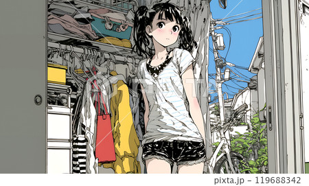 クローゼットを開いて着替えをしようとしている若い女性