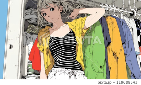 クローゼットを開いて着替えをしようとしている若い女性