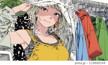 クローゼットを開いて着替えをしようとしている若い女性