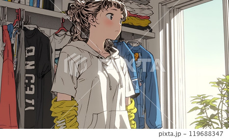 クローゼットを開いて着替えをしようとしている若い女性