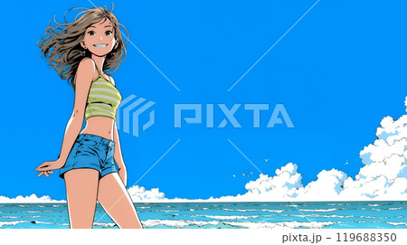 コピースペースのある南国の海と空と若い女性の背景