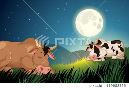 Cows Resting Under a Full Moon 119688366